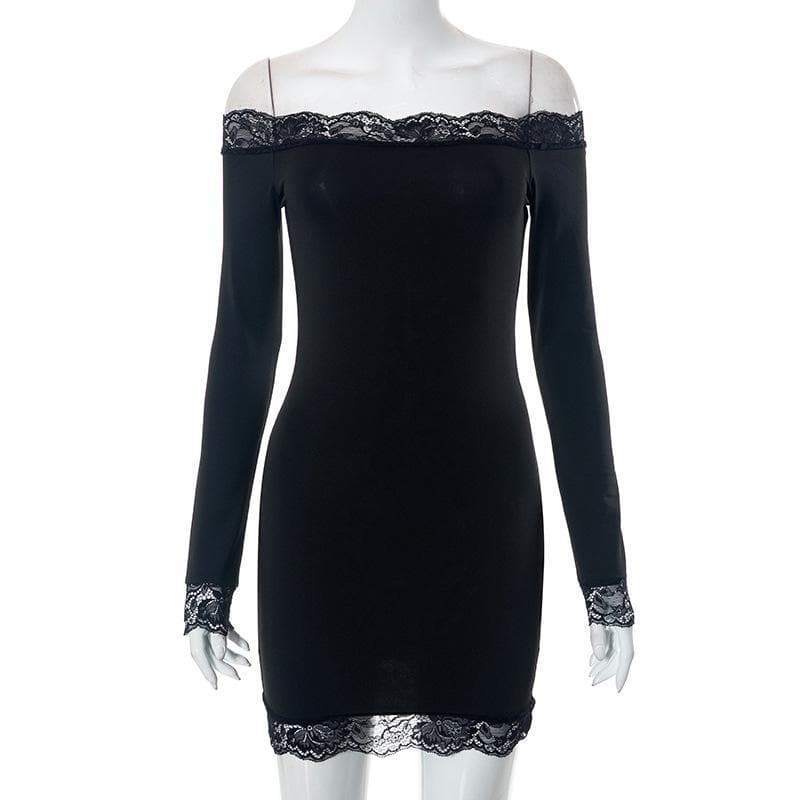 Lace hem solid off shoulder long sleeve mini dress 8