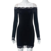 Lace hem solid off shoulder long sleeve mini dress 8