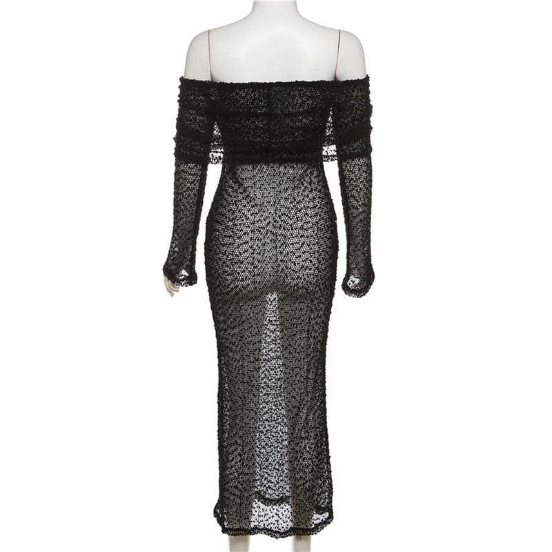 Textured glitter off shoulder long sleeve see through maxi dress 5