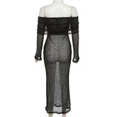 Textured glitter off shoulder long sleeve see through maxi dress 5