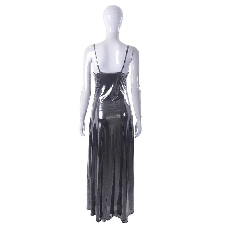 Metallic v neck backless solid low cut cami maxi dress 3