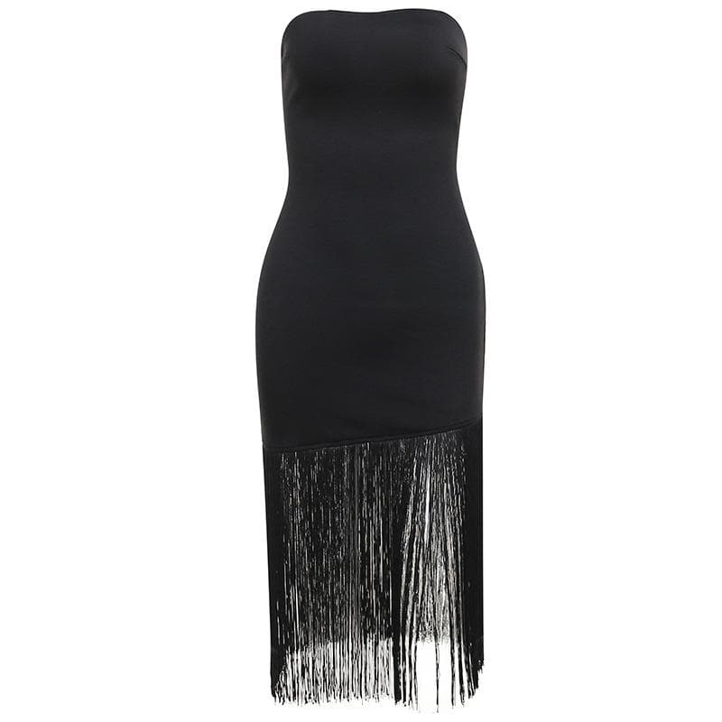 Sleeveless solid backless tassel tube dress