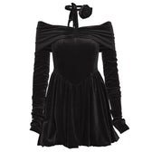 Velvet ruched zip-up off shoulder long sleeve solid mini dress 5