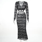 Lace gloves long sleeve button hollow out midi dress 9