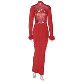 Long sleeve solid feather ruffle high neck backless midi dress 4