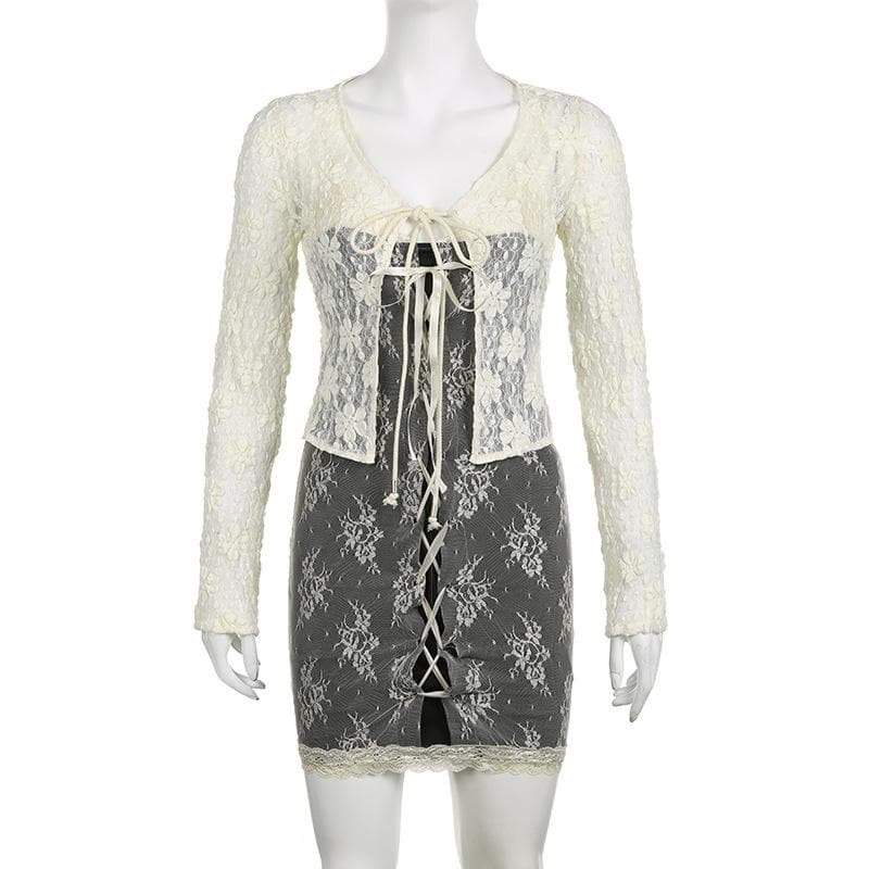 Sheer Lace Tie Front Cardigan and Lace Up Mini Dress Two Piece Set 11