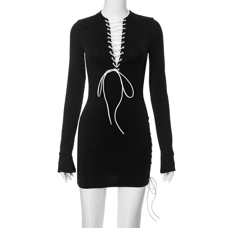 Lace up contrast long sleeve irregular crewneck mini dress 2