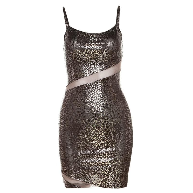 Textured mesh patchwork zip-up low cut cami mini dress 2