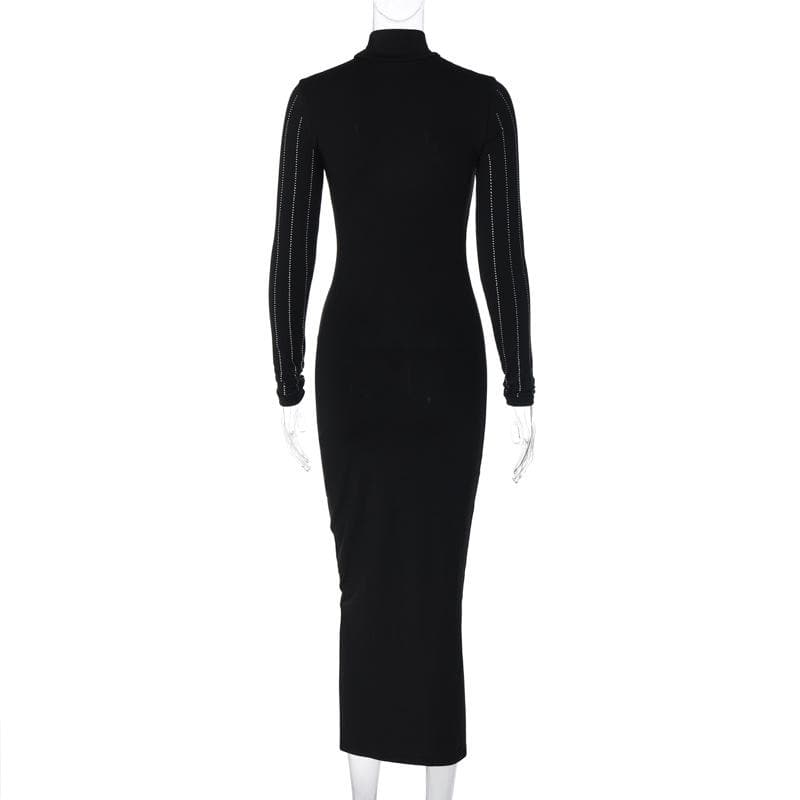 Long sleeve high neck beaded solid midi dress 6
