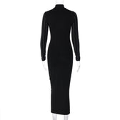 Long sleeve high neck beaded solid midi dress 6