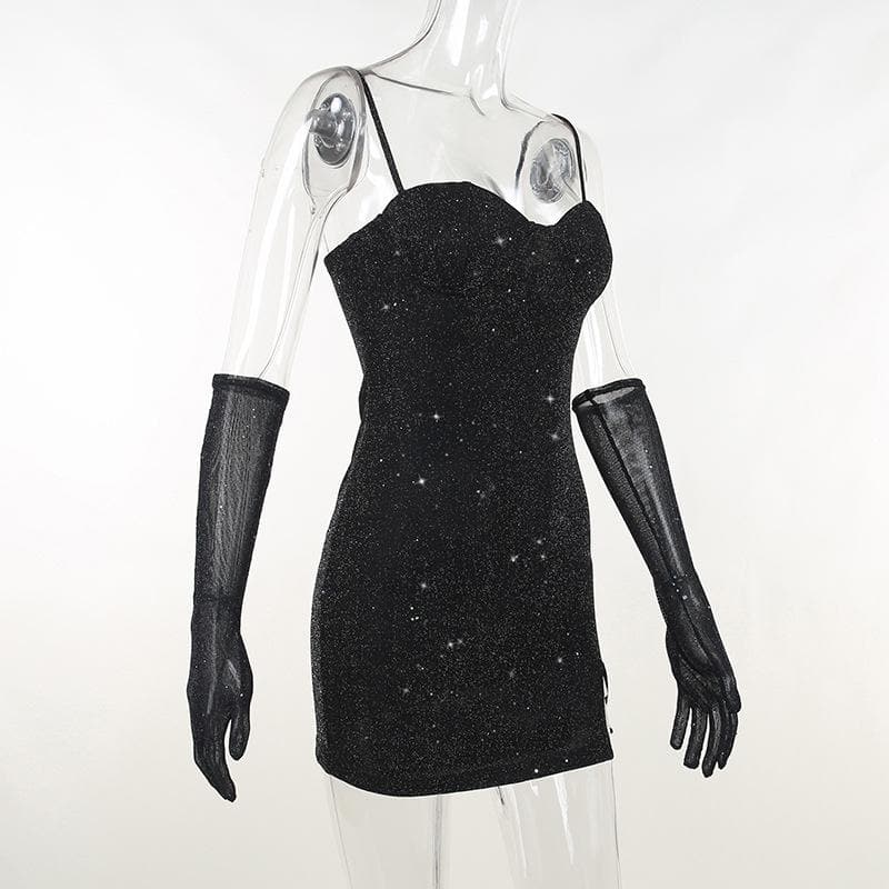 Glitter Sweetheart Neck Cami Slit Bodycon Mini Dress with Mesh Gloves 3