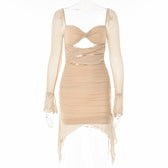 Long sleeve solid hollow out slit mesh ruched zip-up backless mini dress 4