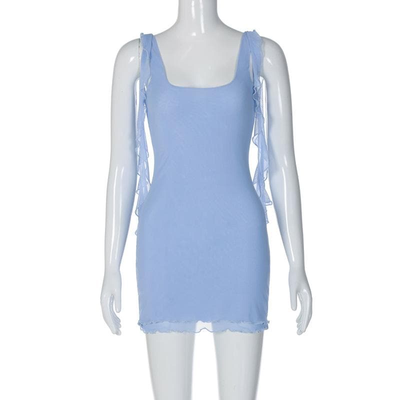 Mesh Square Neck Ruffle Strap Layered Hem Bodycon Mini Dress 7