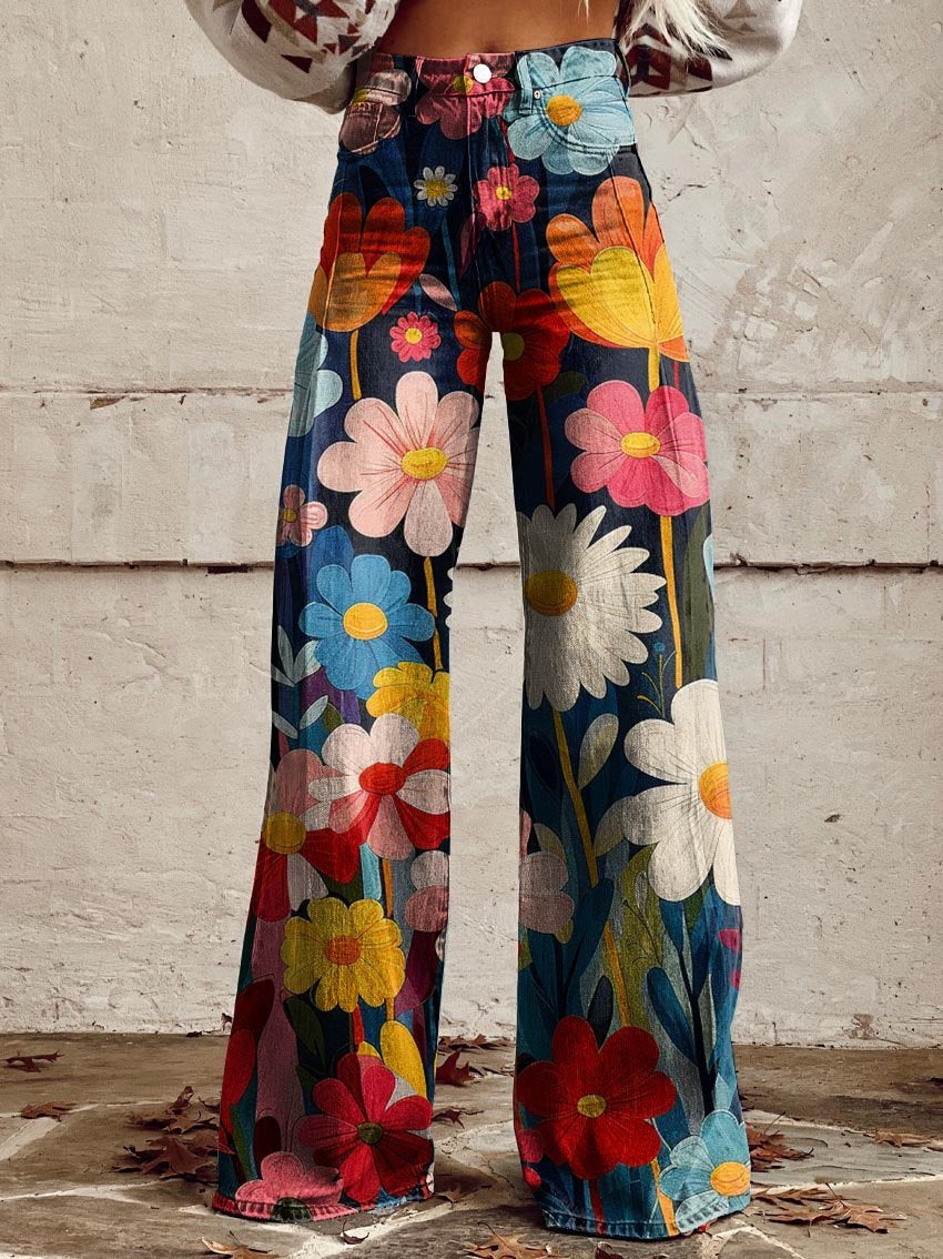 Floral Print High Waist Wide Leg Trousers