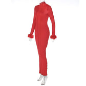 Long sleeve solid feather ruffle high neck backless midi dress 3