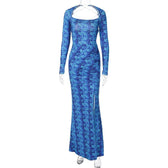 Lace up backless long sleeve slit ruched contrast print maxi dress 9