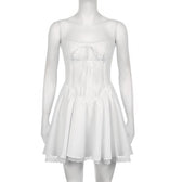 Zip-up lace hem ruched square neck backless solid mini dress 4
