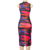 Sleeveless sheer mesh see through contrast print midi dress 3