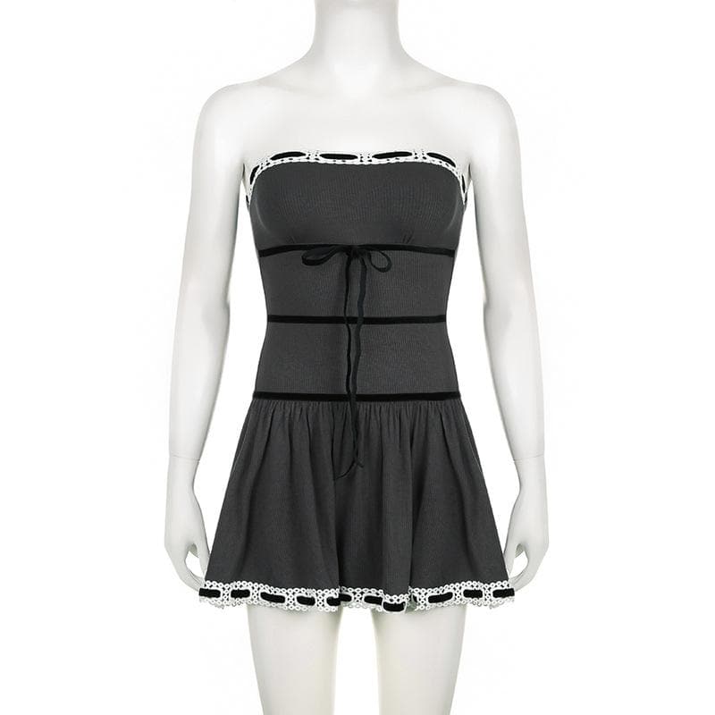Ribbed lace hem contrast ruched backless tube mini dress 9