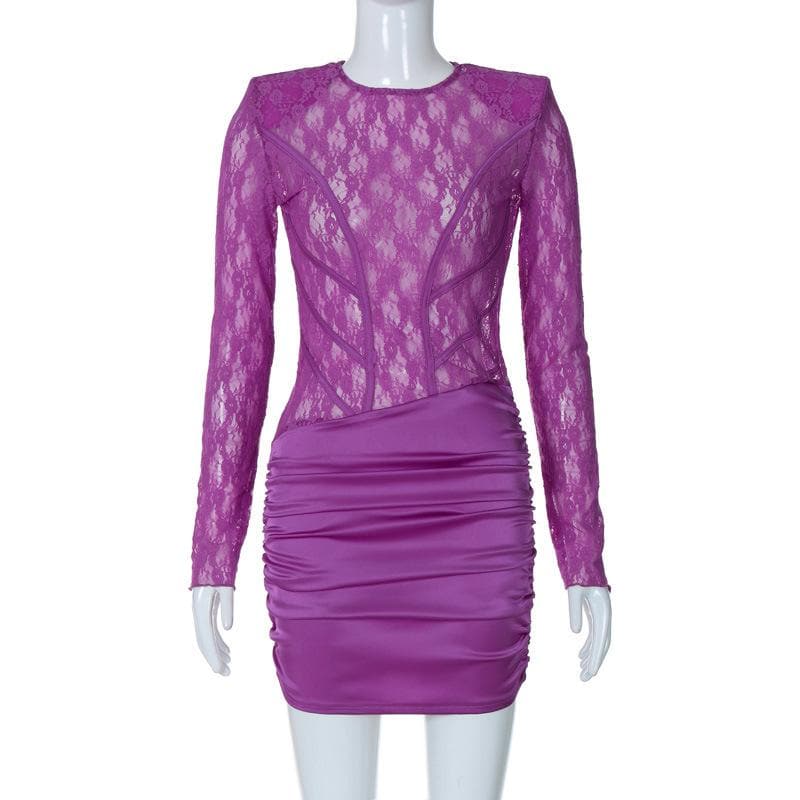 Lace see through satin ruched hollow out long sleeve mini dress 2