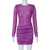 Lace see through satin ruched hollow out long sleeve mini dress 2
