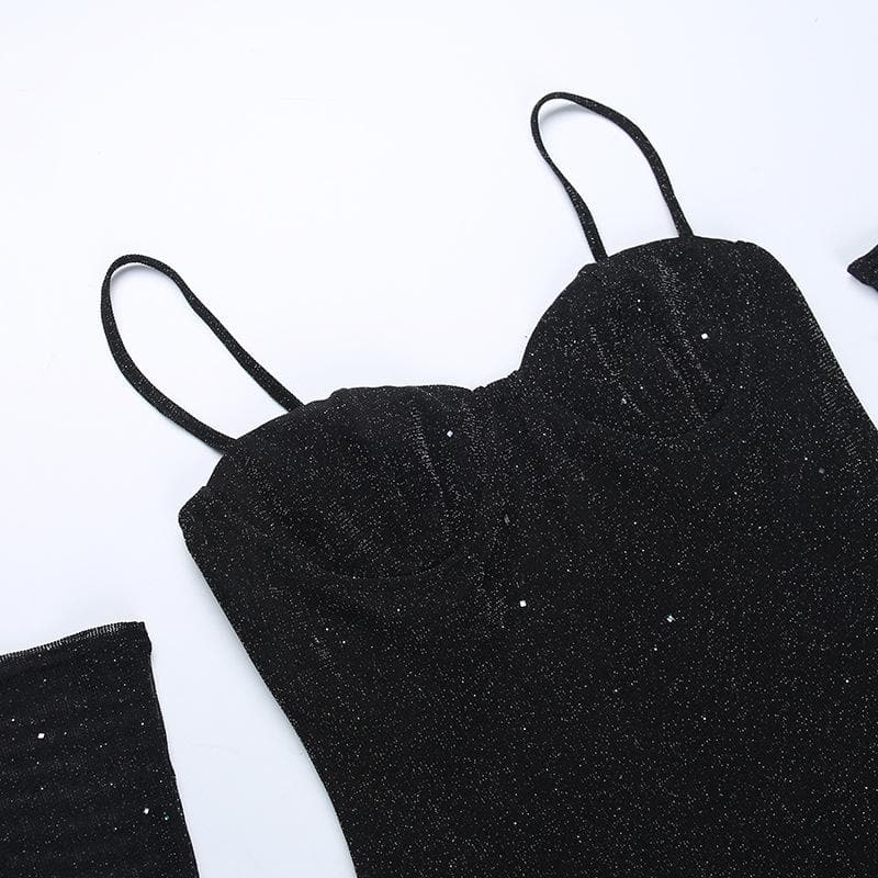 Glitter Sweetheart Neck Cami Slit Bodycon Mini Dress with Mesh Gloves 9