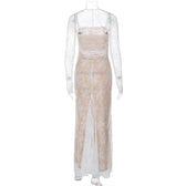 Long sleeve lace zip-up ruched shrug cami maxi dress 3