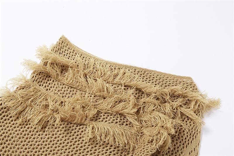 One Shoulder Long Sleeve Crochet Knit Fringe Trim Mini Dress 4