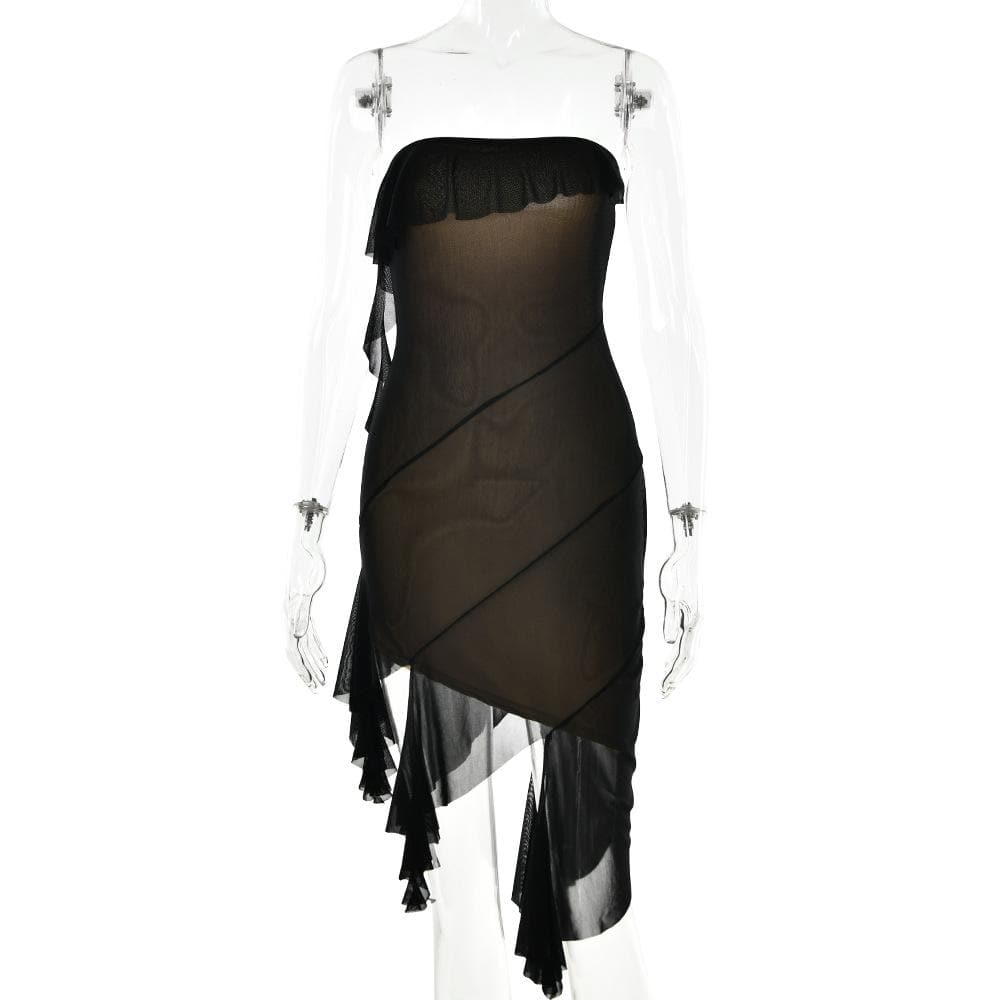 Mesh ruffle solid irregular backless tube mini dress 8
