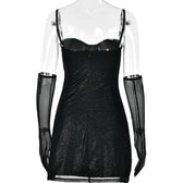 Textured mesh gloves sweetheart neck zip-up slit cami mini dress 5