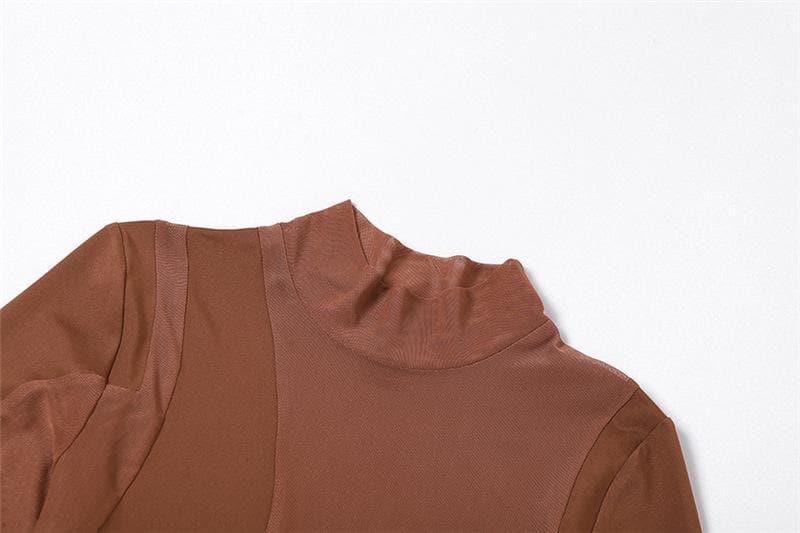 Mock Neck Long Sleeve Sheer Mesh Panel Bodycon Mini Dress 4