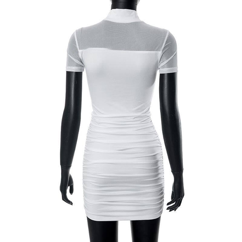 High neck short sleeve mesh patchwork ruched solid mini dress 9
