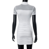 High neck short sleeve mesh patchwork ruched solid mini dress 9