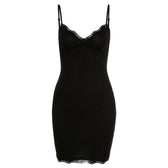 Lace hem solid v neck backless cami mini dress 2