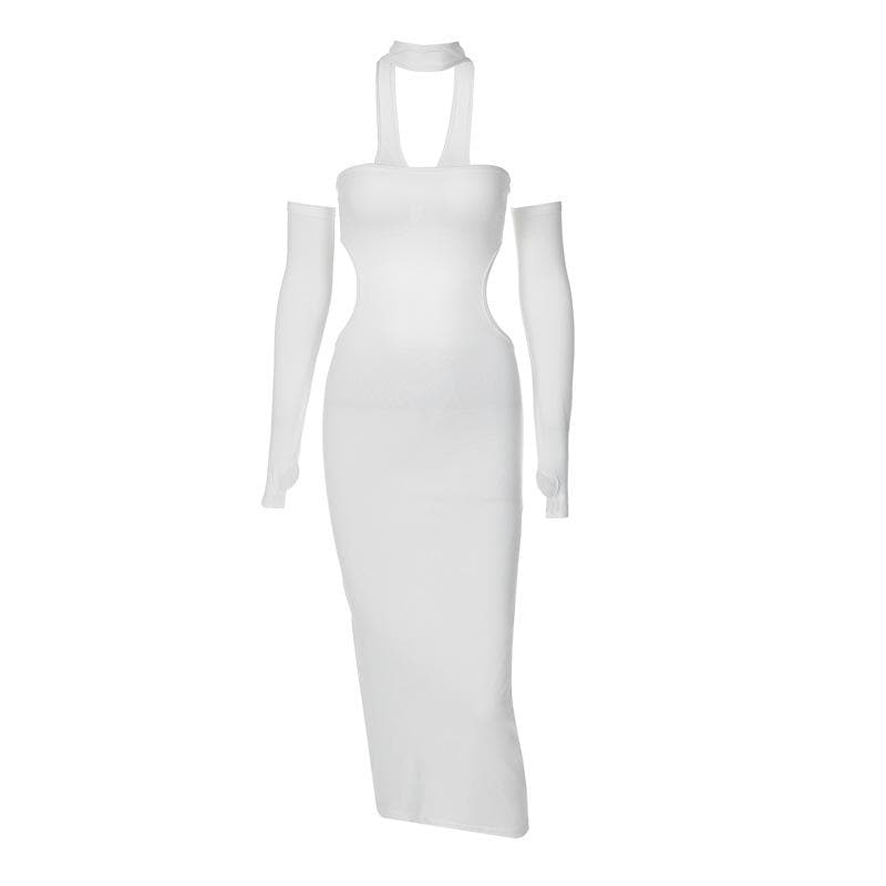 Gloves halter solid button hollow out backless midi dress