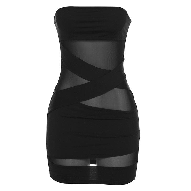 Cross front solid mesh backless patchwork tube mini dress 2