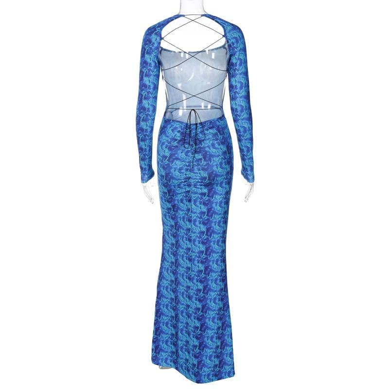 Lace up backless long sleeve slit ruched contrast print maxi dress 4