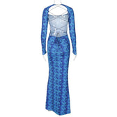 Lace up backless long sleeve slit ruched contrast print maxi dress 4