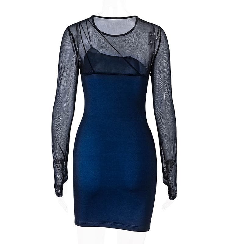 Long sleeve gloves mesh patchwork stitch contrast mini dress 4