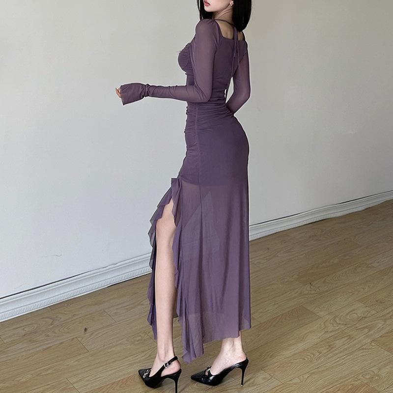 Mesh ruffle solid long sleeve ruched self tie slit maxi dress 4