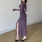 Mesh ruffle solid long sleeve ruched self tie slit maxi dress 4