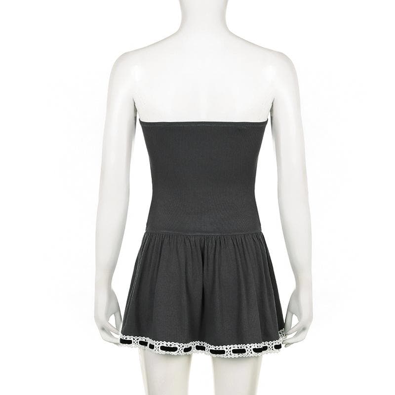 Ribbed lace hem contrast ruched backless tube mini dress 4