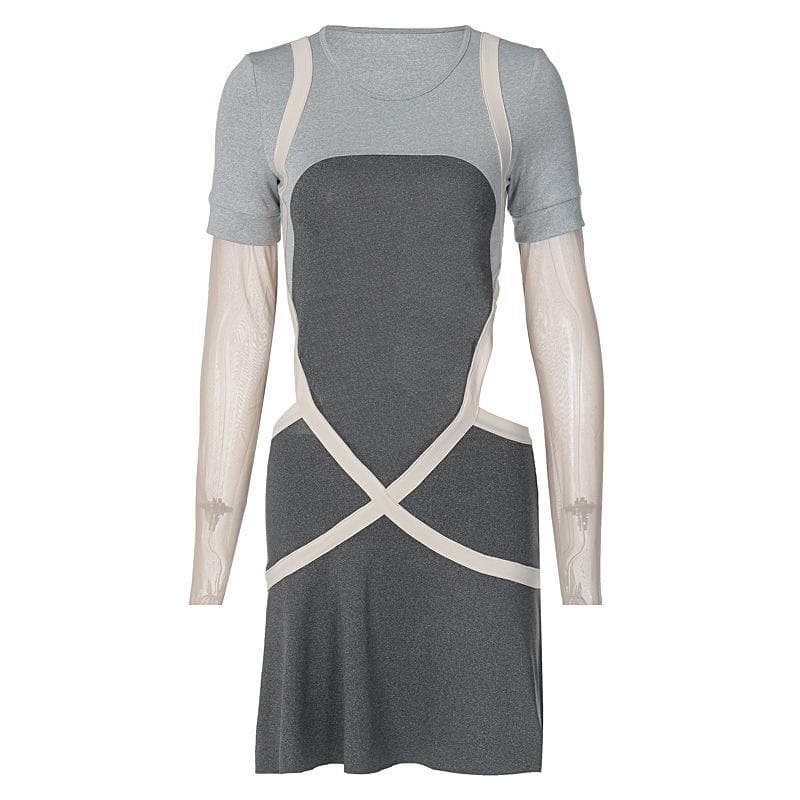 Mesh Long Sleeve Contrast Trim Cross Front Layered Look Mini Dress