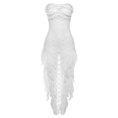 Lace see through ruffle backless slit tube midi dress 2