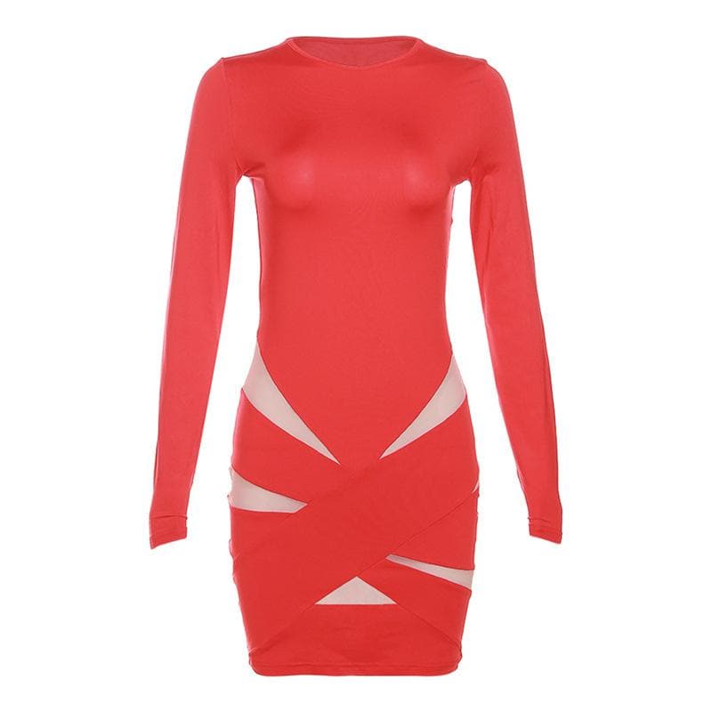 Crew Neck Long Sleeve Sheer Mesh Panel Criss Cross Bodycon Mini Dress