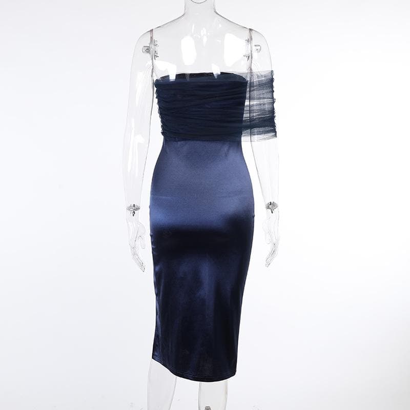 One shoulder irregular mesh ruched slit midi dress 3
