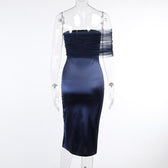 One shoulder irregular mesh ruched slit midi dress 3