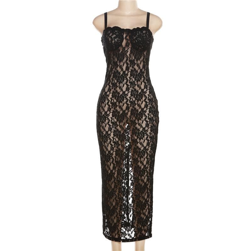 Lace solid zip-up see through sleeveless backless maxi dress 9