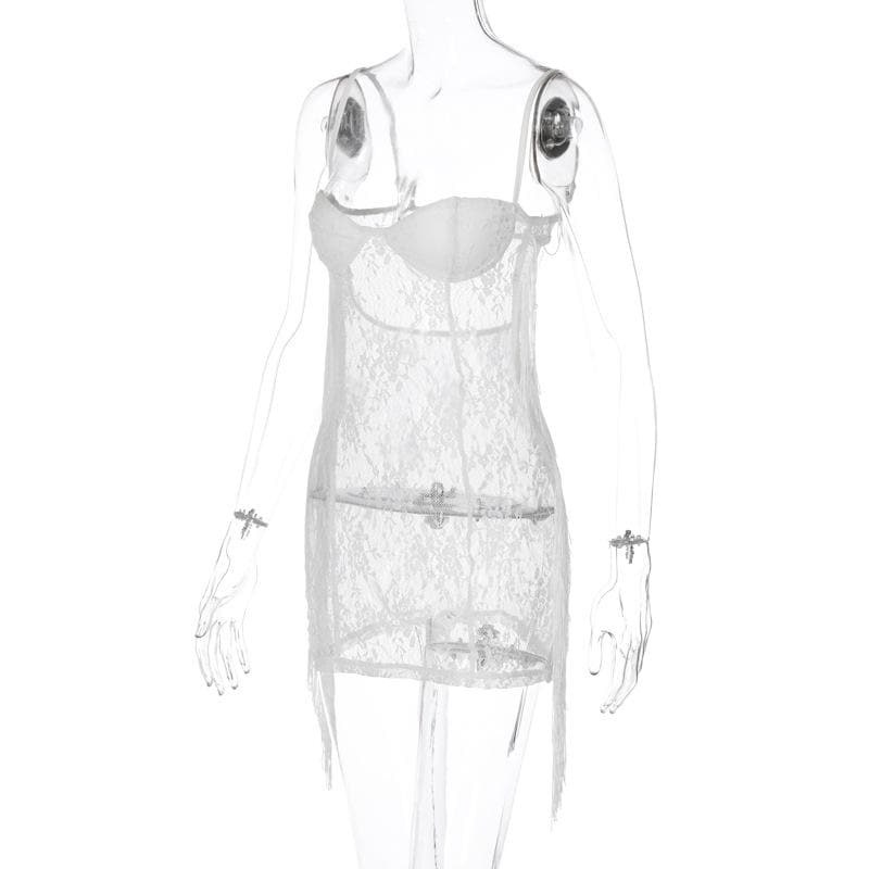 Tassels low cut see through lace solid backless cami mini dress 7