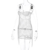 Tassels low cut see through lace solid backless cami mini dress 7
